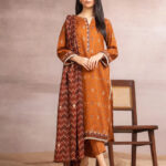 Unstitched Printed Khaddar 3 Piece-Brown