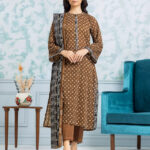 Unstitched Printed Khaddar 3 Piece-Brown