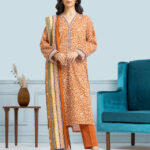 Unstitched Printed Khaddar 3 Piece- Cream & Rust