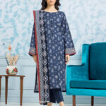 Unstitched Printed Khaddar 3 Piece- Navy Blue