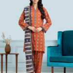 Unstitched Printed Khaddar 3 Piece-Rust Printed