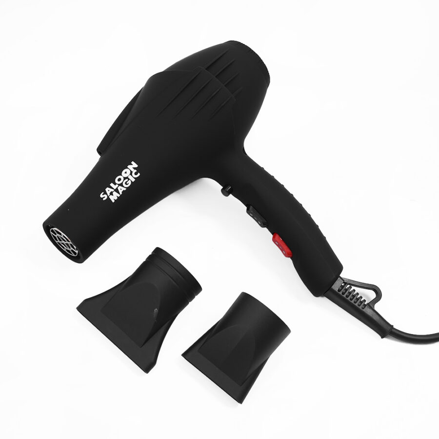 A black hair dryer with two attachments, labeled "Salon Magic."