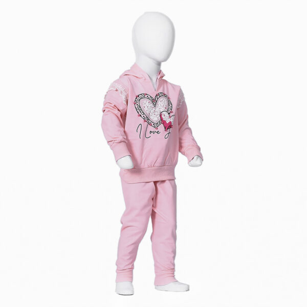 A pink hoodie and pants set for a child, featuring a heart design on the hoodie with the text "Love You".