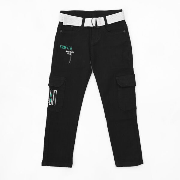 A pair of black cargo pants for a child with an attached white belt. The pants have multiple pockets, including cargo pockets on the sides.