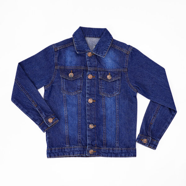 A blue denim jacket with a button-up front, two chest pockets, and two front pockets. It is lying flat on a white background.