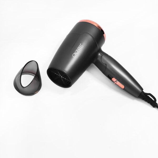 A black Cronier Professional Hair Dryer with rose gold accents, shown on a white background with a nozzle attachment.