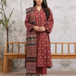 Unstitched Printed Khaddar 3 Piece-Maroon