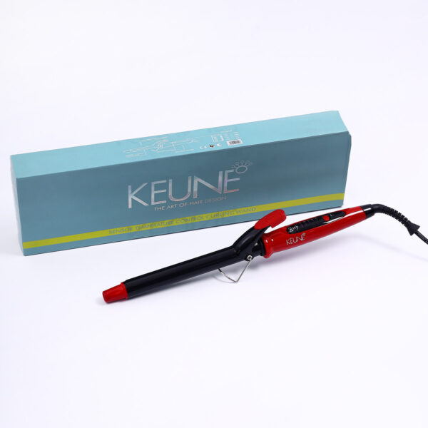 A Keune Sensor Temperature Control Curling Wand with a black barrel and red accents, displayed on a white background with its original packaging.