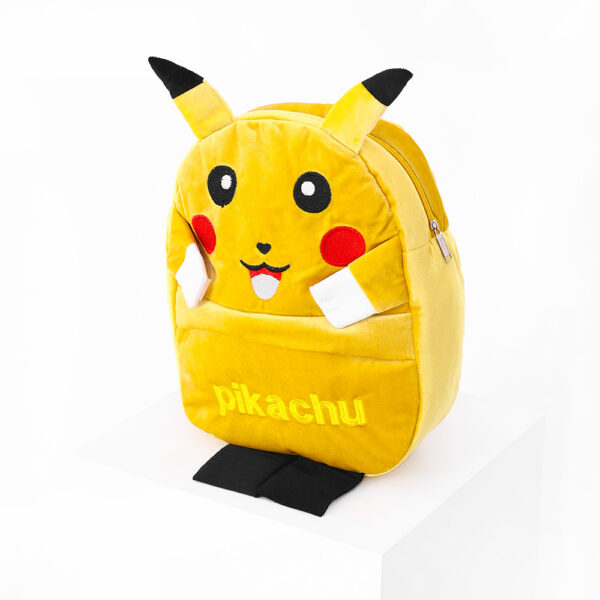 A yellow plush Pikachu backpack with a zippered compartment and embroidered details, shown on a white background.