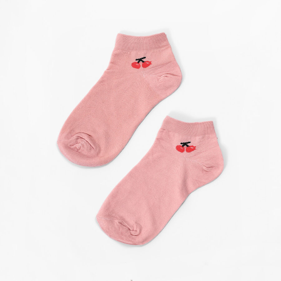 Pair of pink ankle socks with cherry embroidery