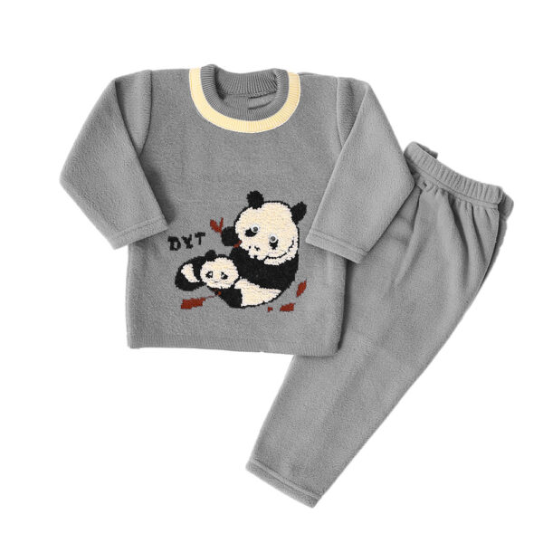 A cozy gray sweater and matching pants set for babies, featuring an adorable panda design.