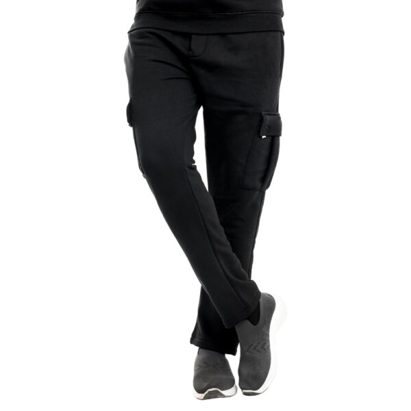 A pair of black cargo jogger pants with a black waistband, displayed on a mannequin. The pants have side pockets and cargo pockets on the thighs, and are paired with dark grey sneakers.