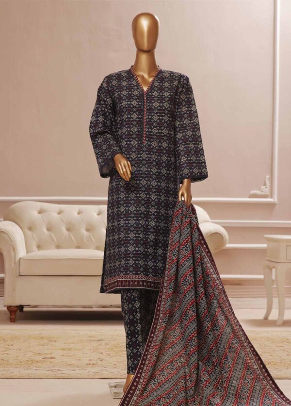 Front View Of Binsaeed Khaddar 3 Peice Suit in Blue