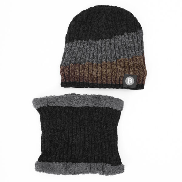 A black, grey, and brown striped knit beanie and a black and grey striped knit neck warmer, both made of a ribbed, fluffy material, displayed together.