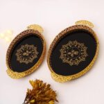 OPULENT GOLDEN OVAL ROSE MOTIF TRAY 2PC SET