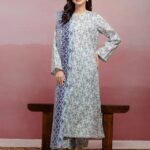 Unstitched Grey & Blue Printed Lawn 3 Piece